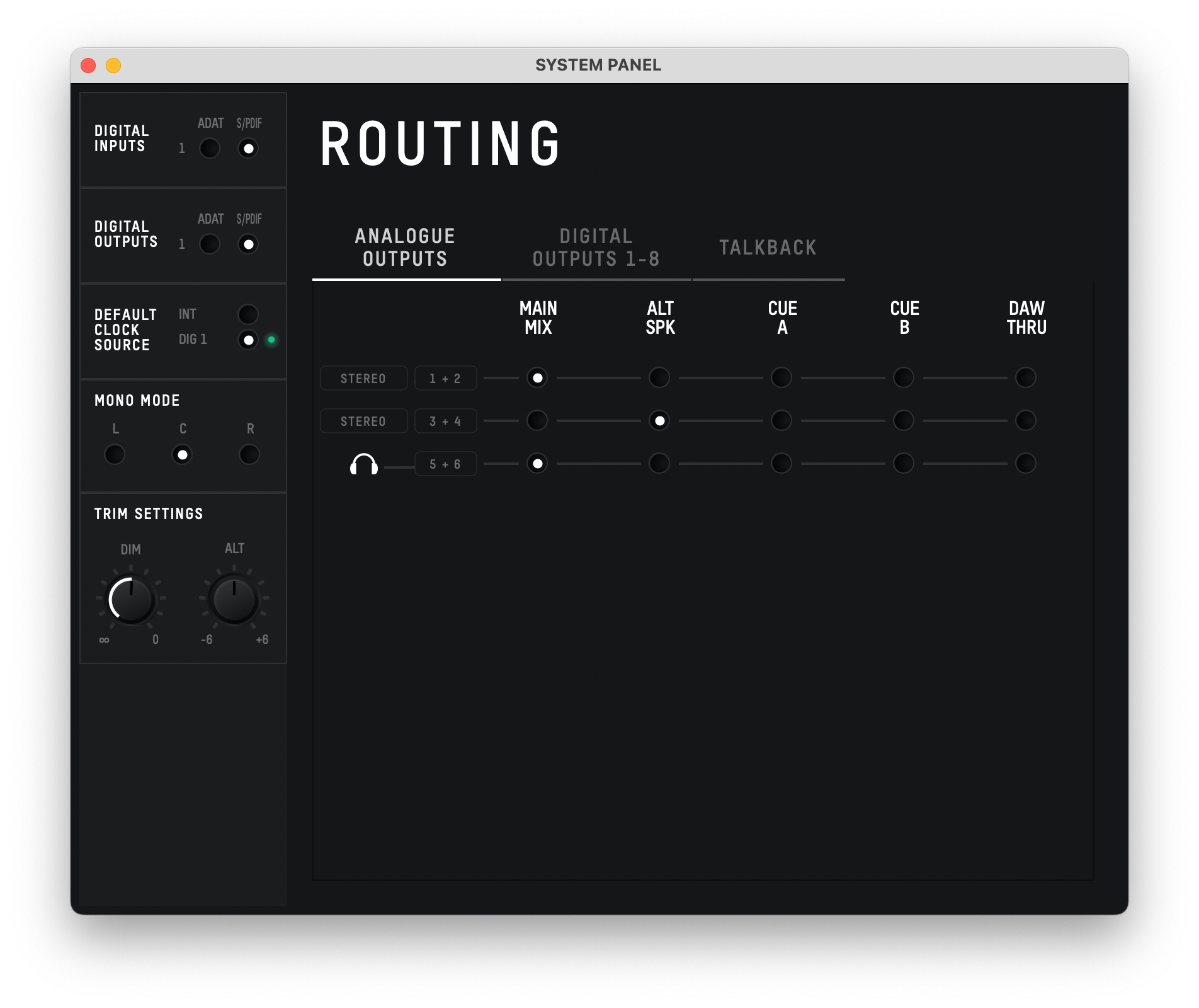 Audient iD Mixer System Panel with digital I/O set to S/PDIF and default clock source on DIG 1
