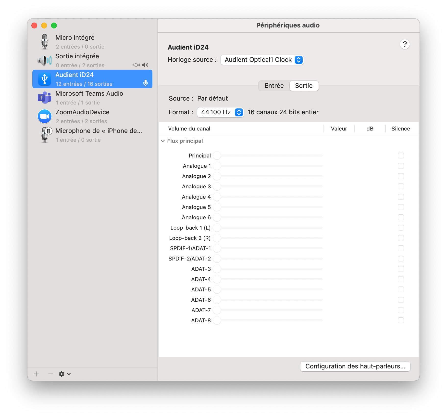 macOS Audio MIDI Setup showing the Audient iD24 with clock source set to Audient Optical1 Clock and format at 44100 Hz
