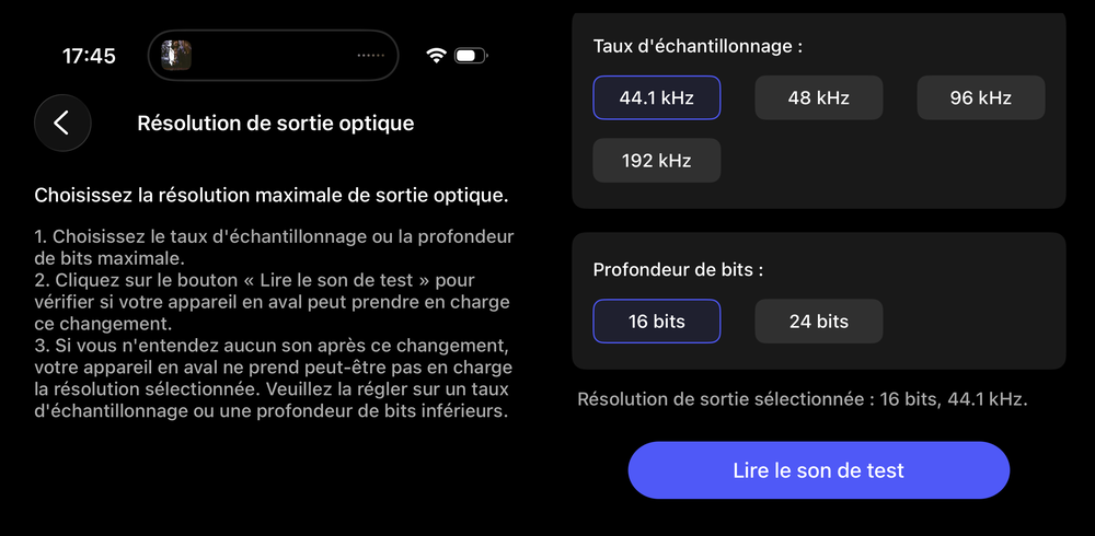 WiiM Home optical output resolution screen, set to 44.1 kHz and 16 bits